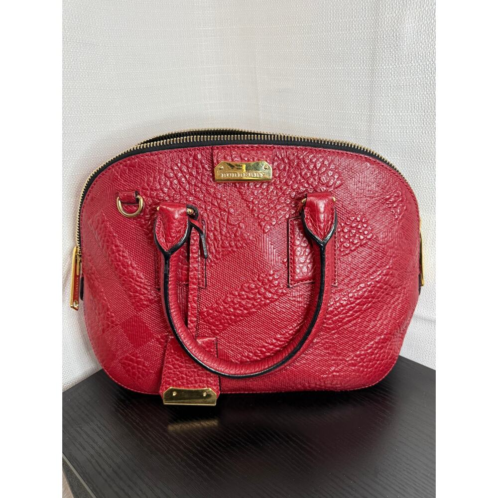 Burberry Small Orchard Bag Red Embossed Check Leather COA Dome Satchel Crossbody